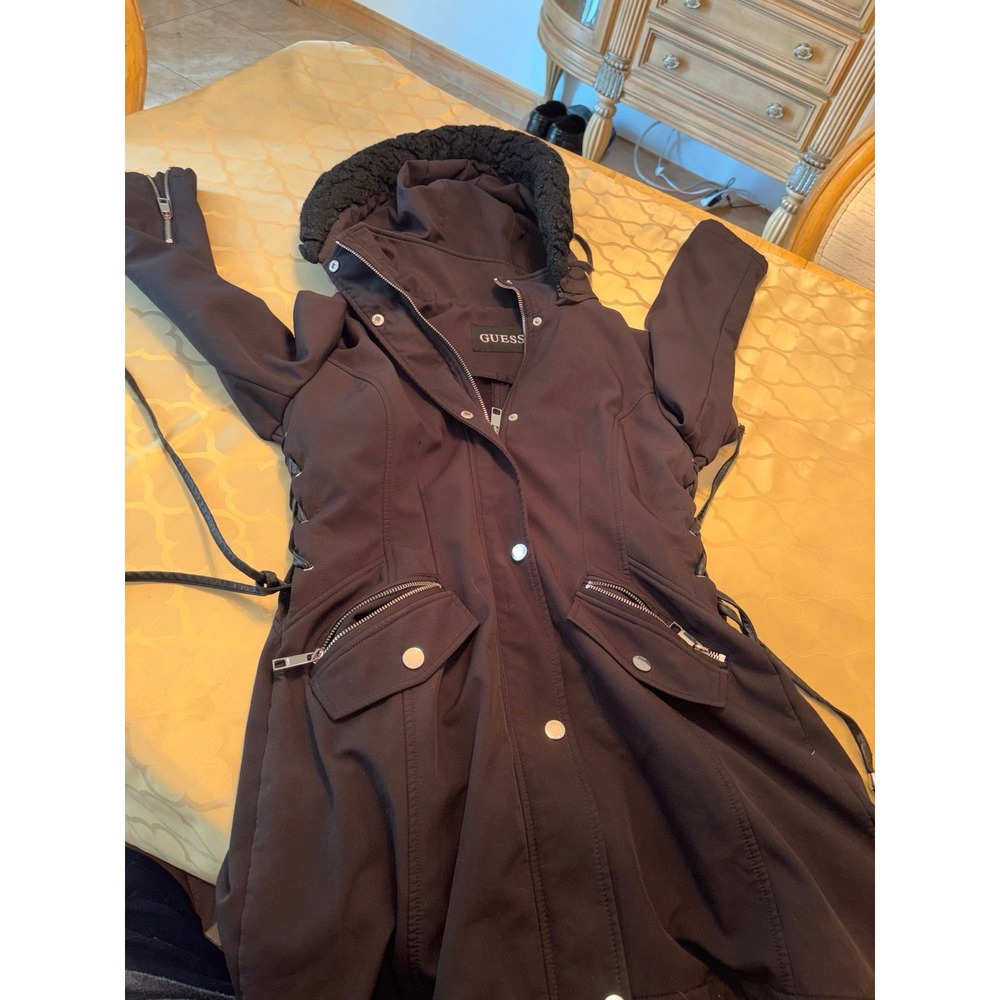 Guess long winter parka hooded jacket overcoat black woman size medium